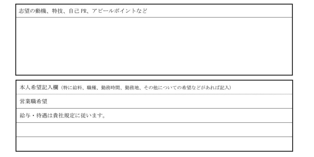 履歴書の一部（志望動機・特技・PR入力欄）